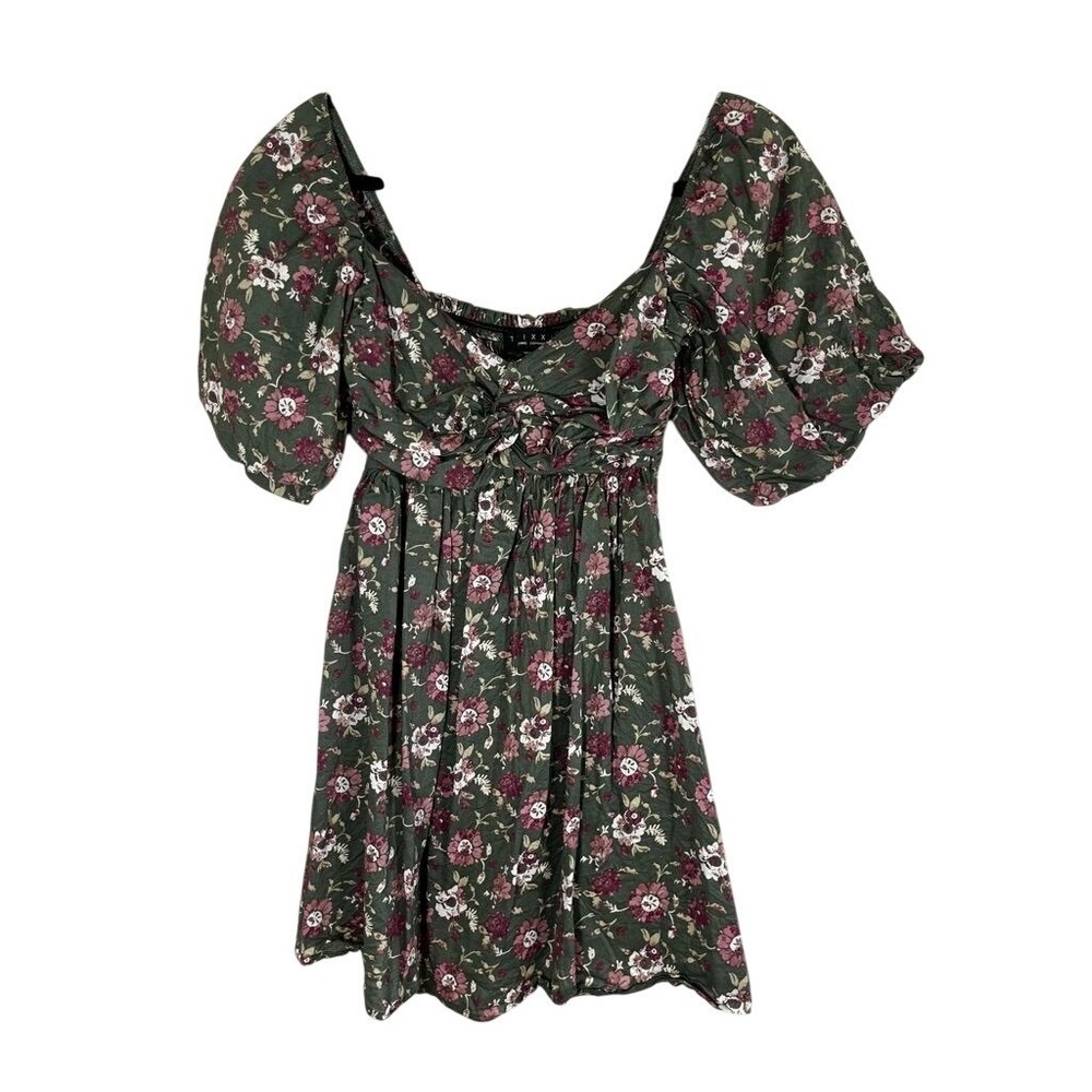 Colorful Floral Milkmaid Mini Dress Green XS Boho Indie Folk Preppy Cottage Chic